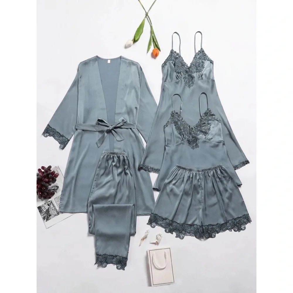 Fefi 5pcs Satin Contrast Lace Belted Night Set - Picture 1 of 6